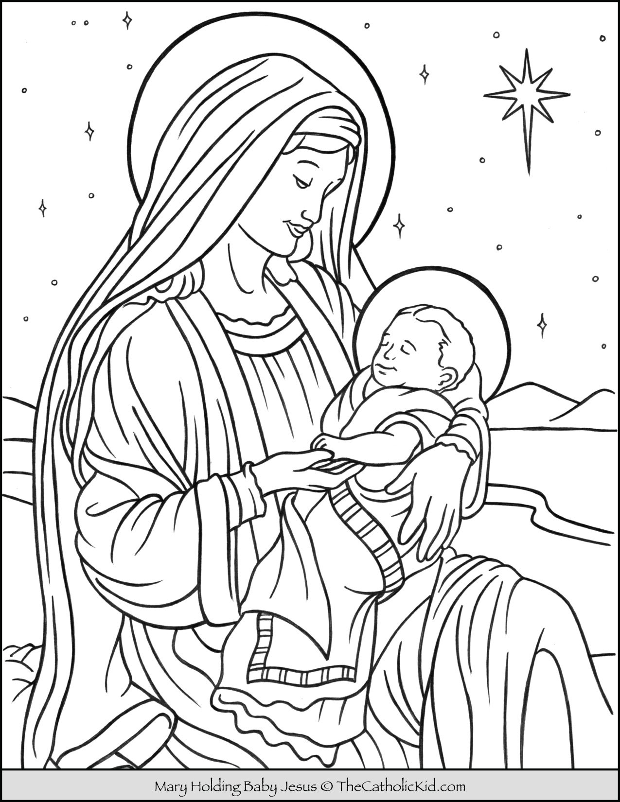 Mary With Baby Jesus in Bethlehem Coloring Page - TheCatholicKid.com