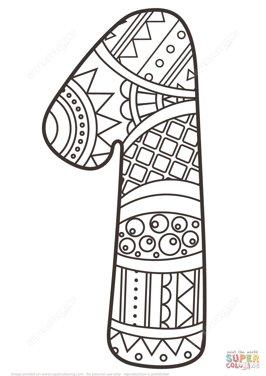Number 1 Zentangle coloring page | Free Printable Coloring Pages