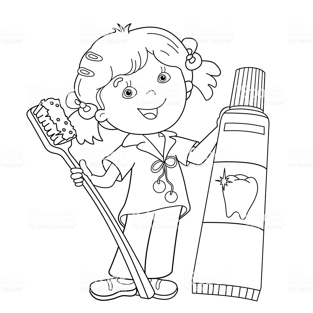 Coloring Page Outline Of Cartoon Girl With Toothbrush And ...