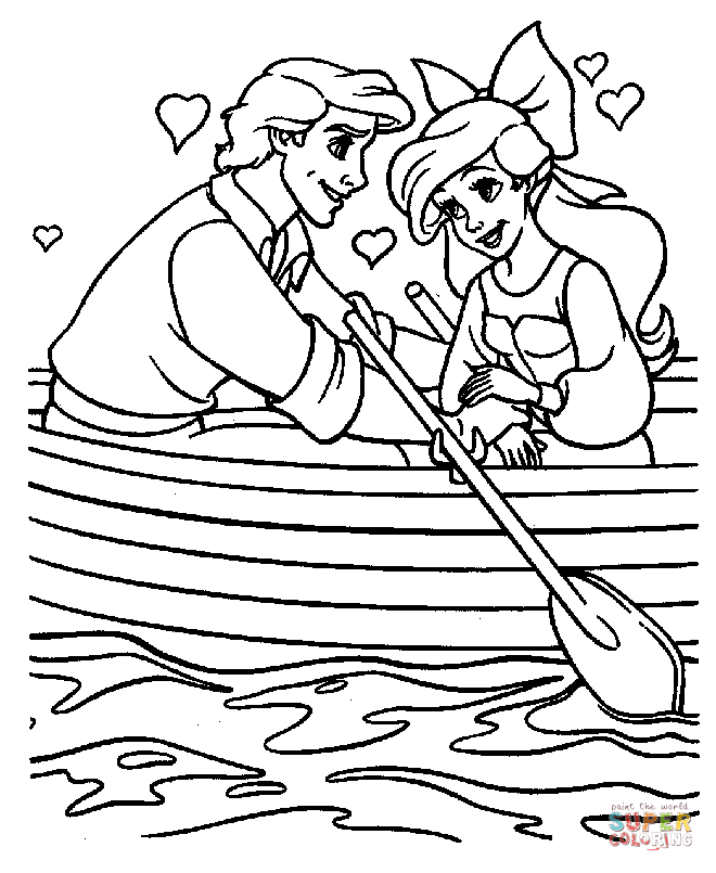 Ariel And Prince Eric in a boat coloring page | Free Printable ...