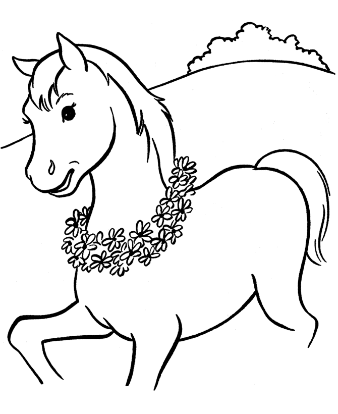 Horse Coloring Pages | Horse with a wreath of flowers Coloring 