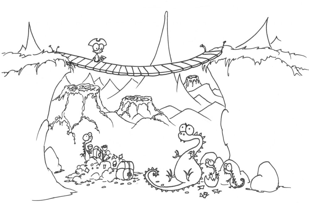 coloring page: a monkey pirate and some dragons | bluebison.net