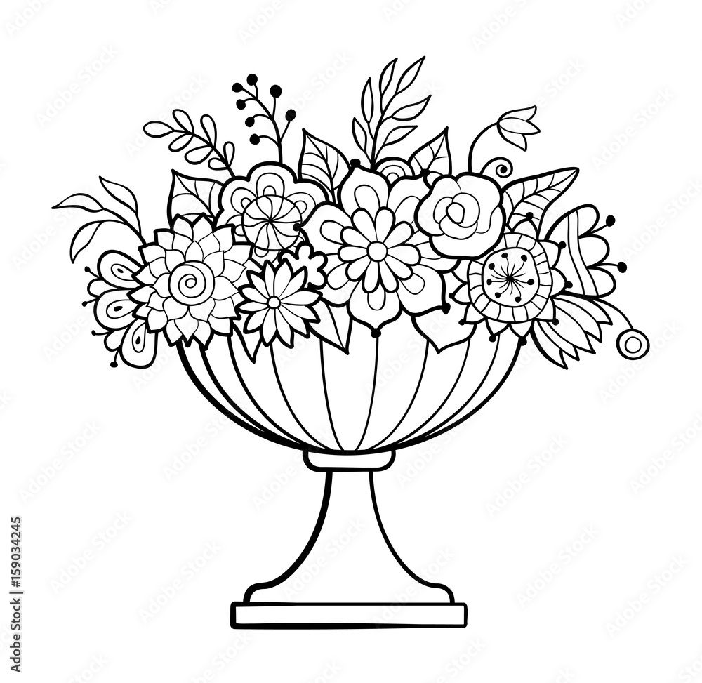 Vase with flowers. Big flower pot. Monochrome vector illustration.  Antistress coloring page for adults Stock Vector | Adobe Stock