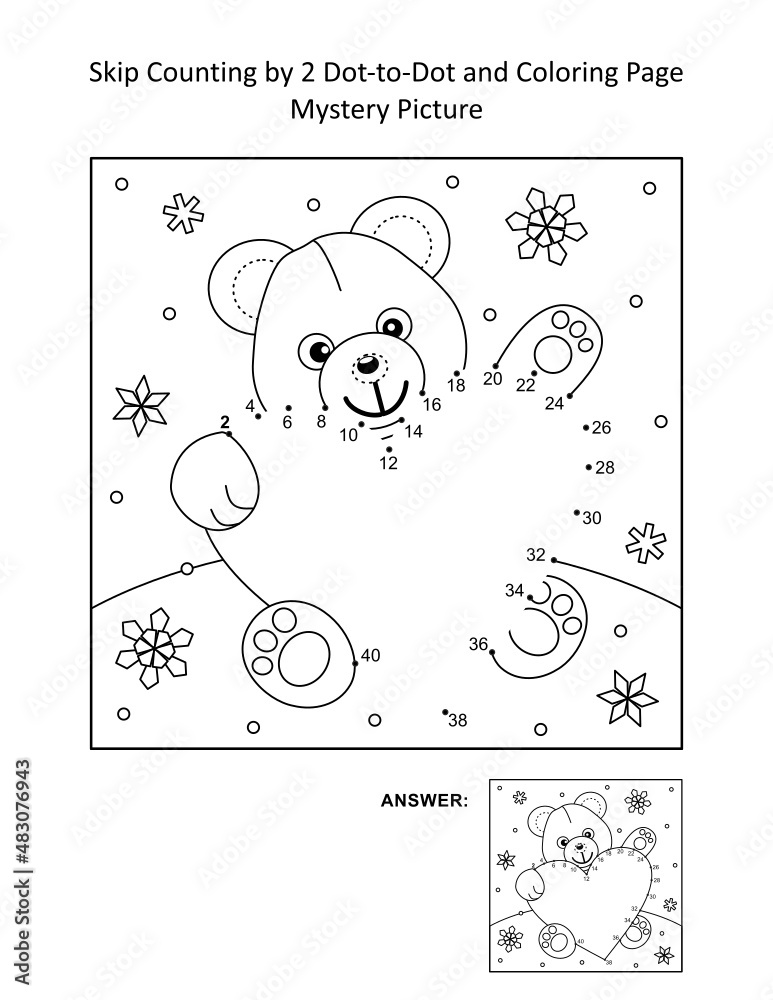Skip counting by 2 dot-to-dot and coloring page - teddy bear and big heart.  Answer included. Stock Vector | Adobe Stock