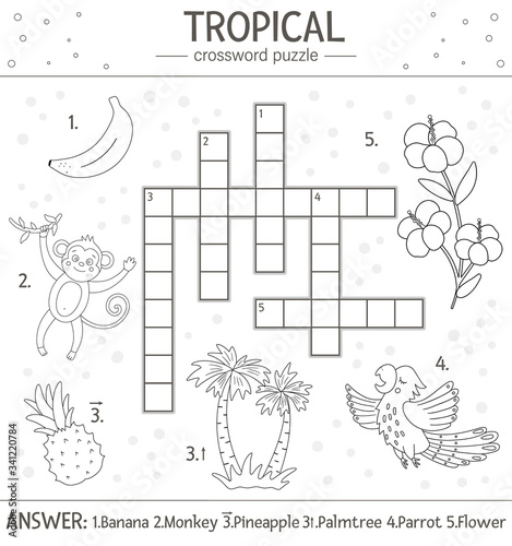 Vector summer crossword puzzle. Quiz with tropical elements for children.  Educational black and white jungle activity with cute funny characters. Fun coloring  page for kids. vector de Stock | Adobe Stock