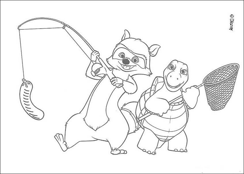 Over the Hedge coloring book pages - Verne the turtle and RJ the 