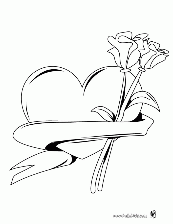 Hearts And Roses Coloring Page : Printable Coloring Book Sheet 