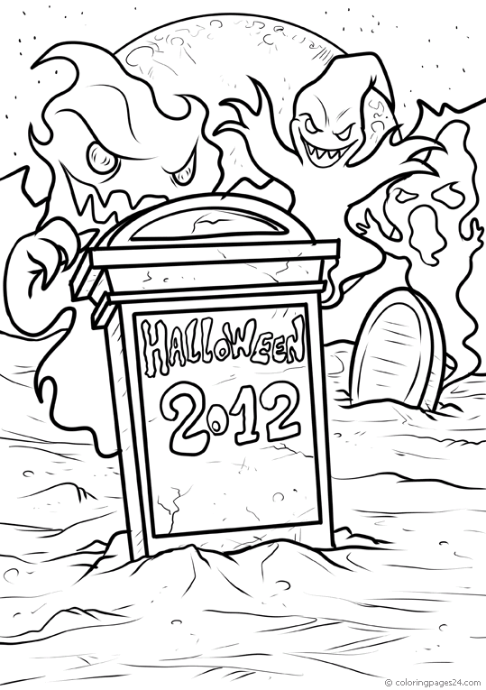 Halloween graveyard with three ghosts | Coloring Pages 24