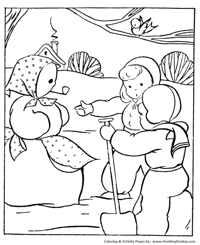 Winter Coloring - Kids Coloring Page Sheets of Lady Snowman 