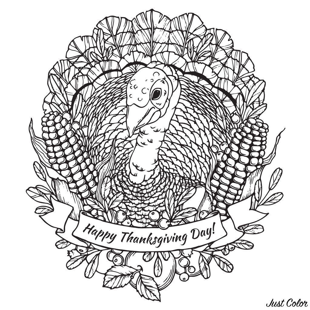 Happy thanksgiving turkey mandala - Thanksgiving Adult Coloring Pages