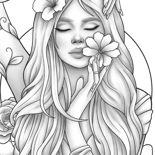 Printable Coloring Page Fantasy Character Girl Floral - Etsy