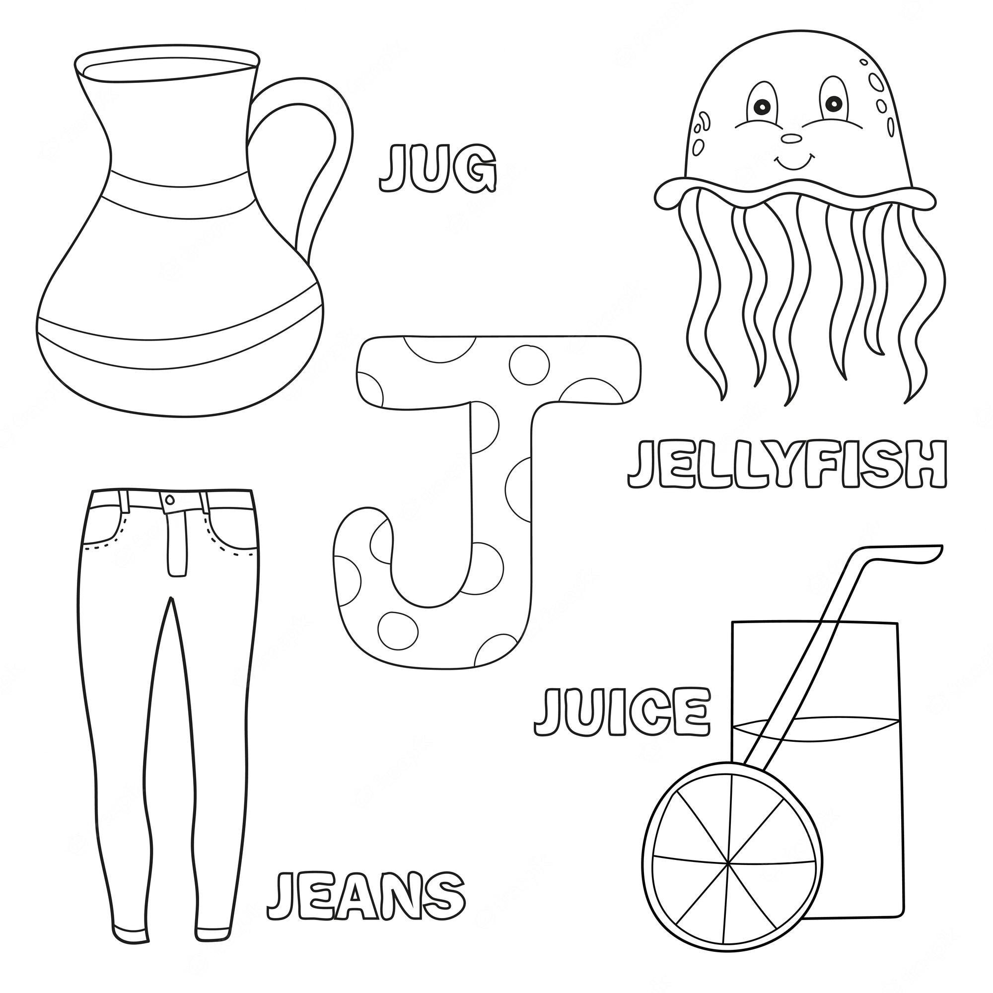 Premium Vector | Cute alphabet letter j with set of illustrations and words  printable sheet - coloring book - jellyfish, juice, jeans, jug