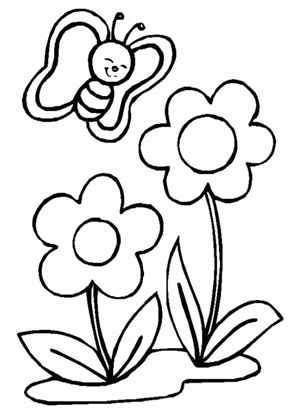 Cute Little Butterfly and Two Flowers Coloring Page - Download ...