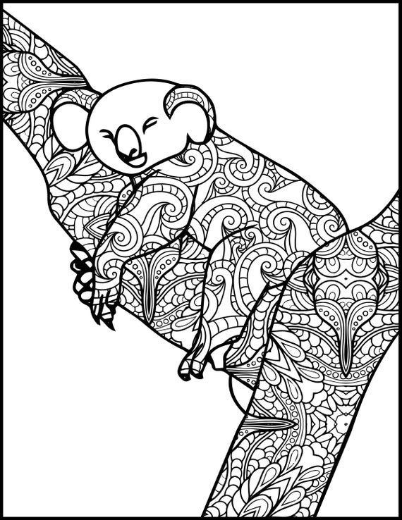 Animal Adult Coloring Page Koala Printable Coloring Page | Etsy
