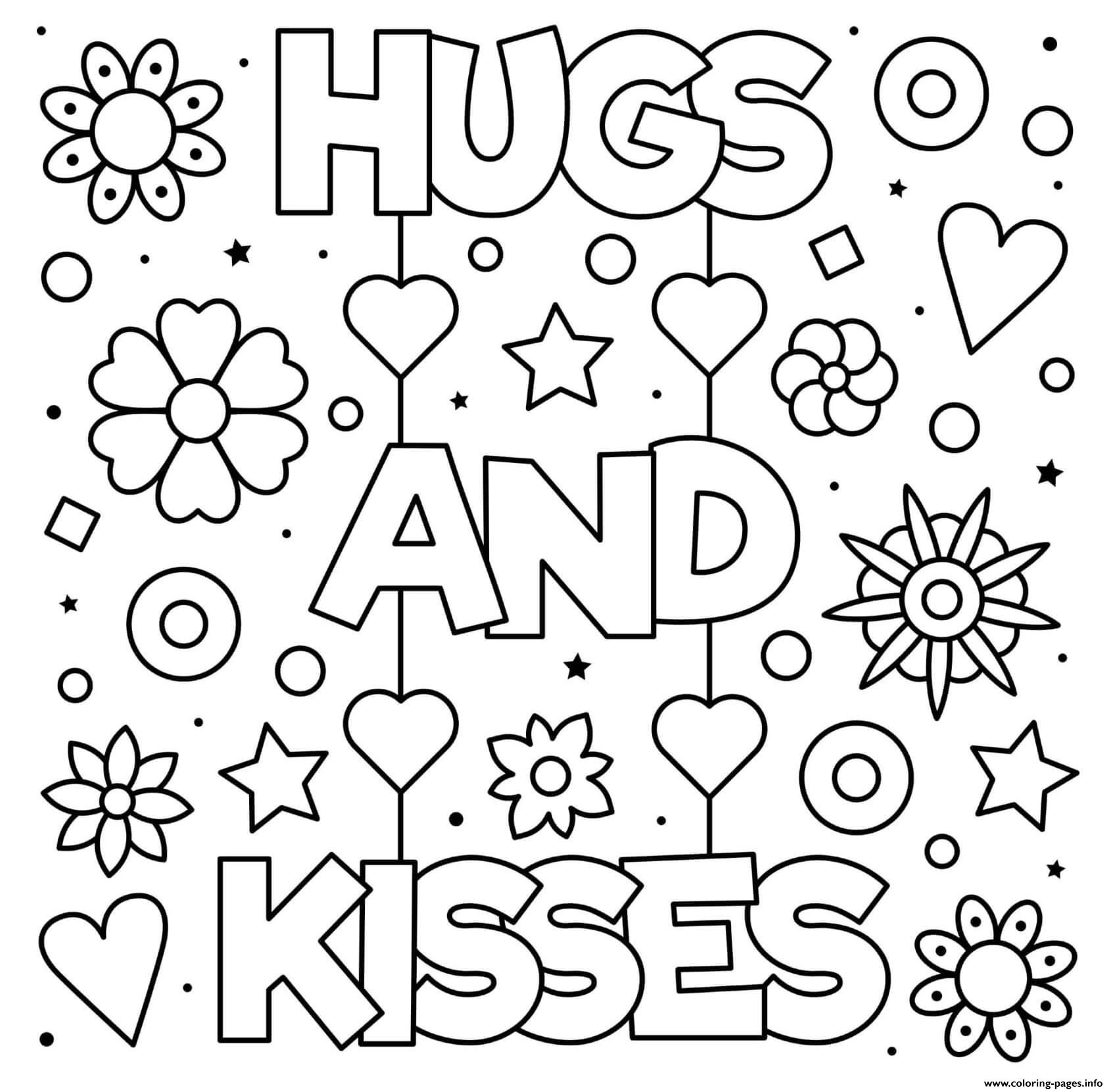 Mothers Day Hugs And Kisses Flowers Hearts Coloring page Printable
