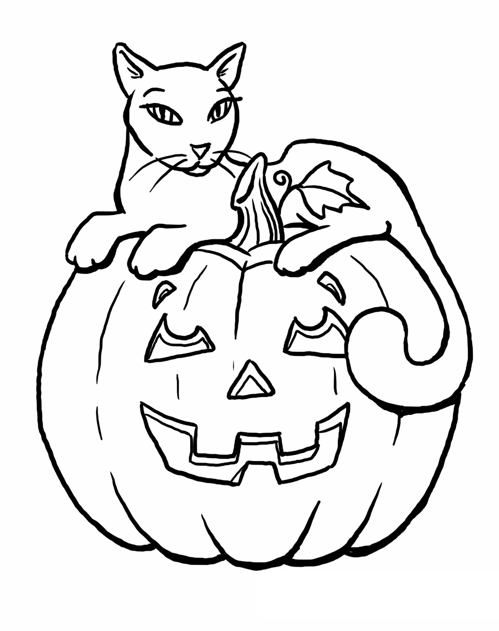 Halloween Cat With Pumpkin Coloring Pages | Coloring