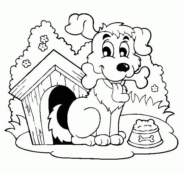 Dog House, : Happy Dog with a Bone by His House Coloring Page