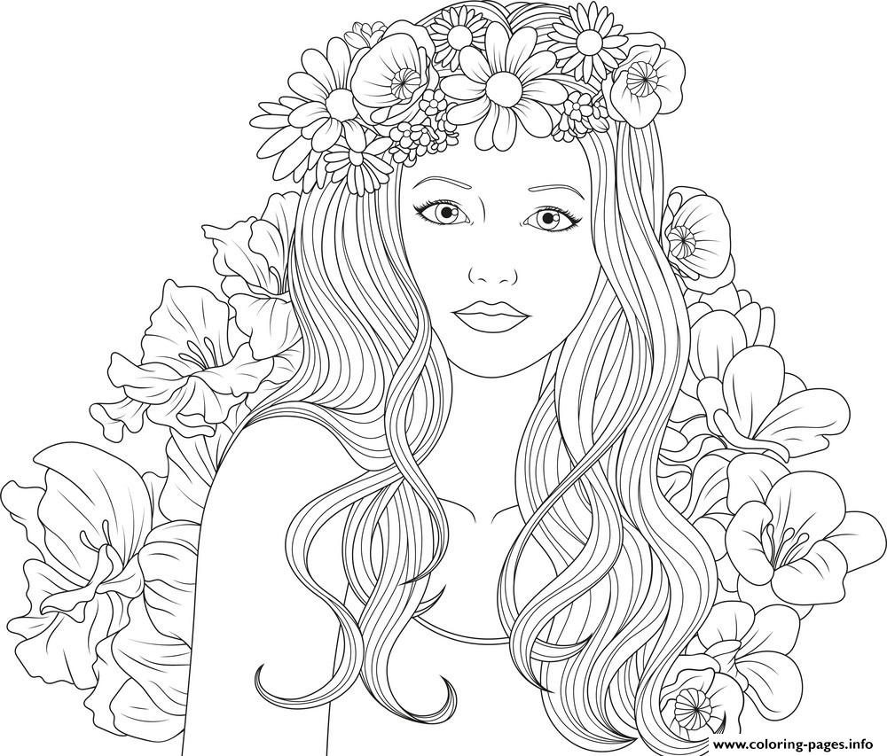 Cute Girls Adult With Flowers Coloring Pages Printable