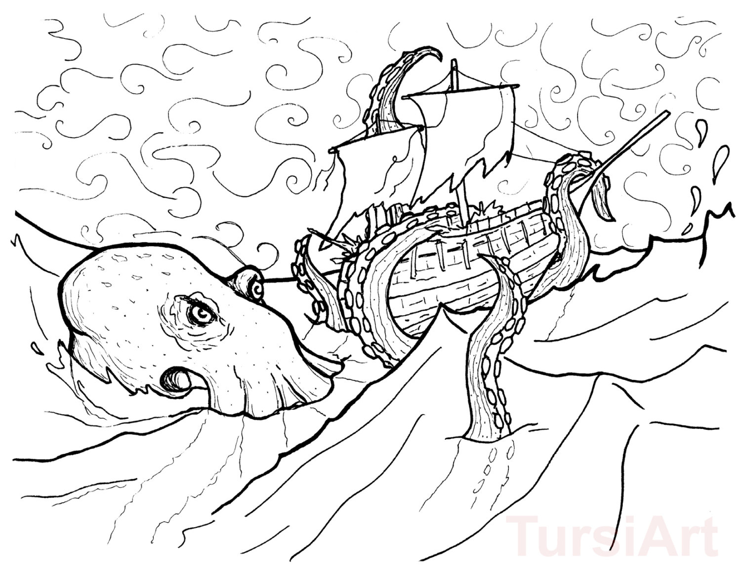 Kraken Atttacking The Ship Coloring Page - Free Printable Coloring Pages  for Kids
