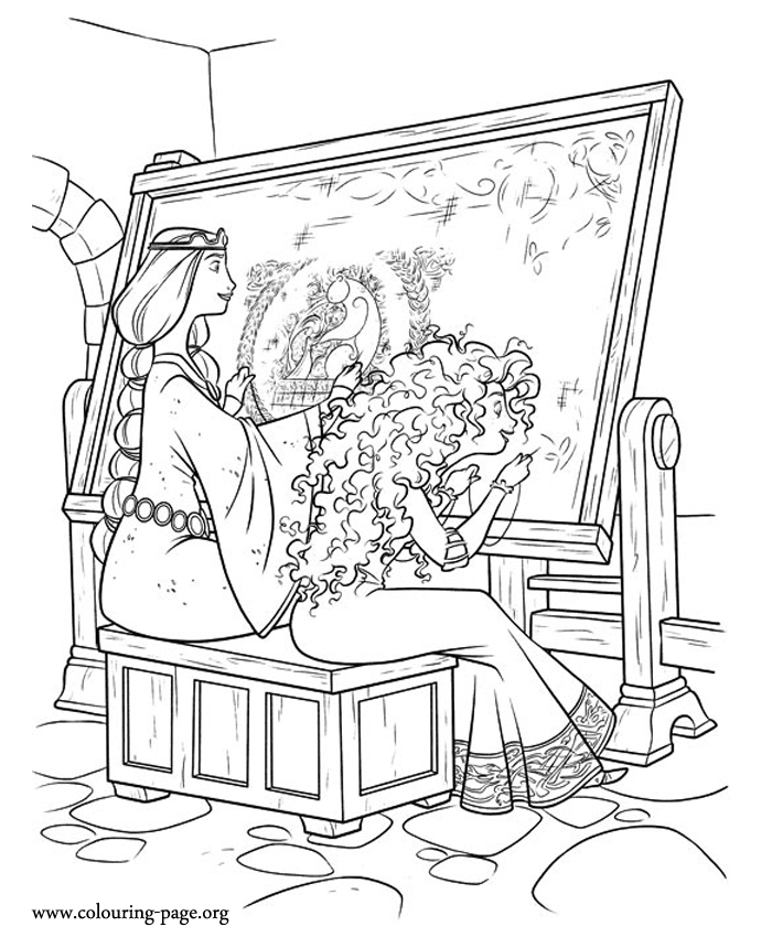 Brave - Merida sewing the tapestry with his mother coloring page