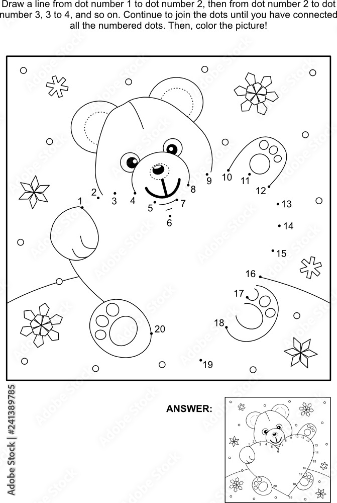 Valentine's Day themed connect the dots picture puzzle and coloring page  with teddy bear and heart. Answer included. Stock Vector | Adobe Stock