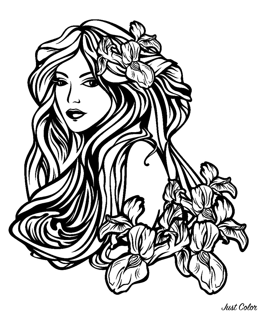 Woman with long hair among flowers - Tattoos Adult Coloring Pages