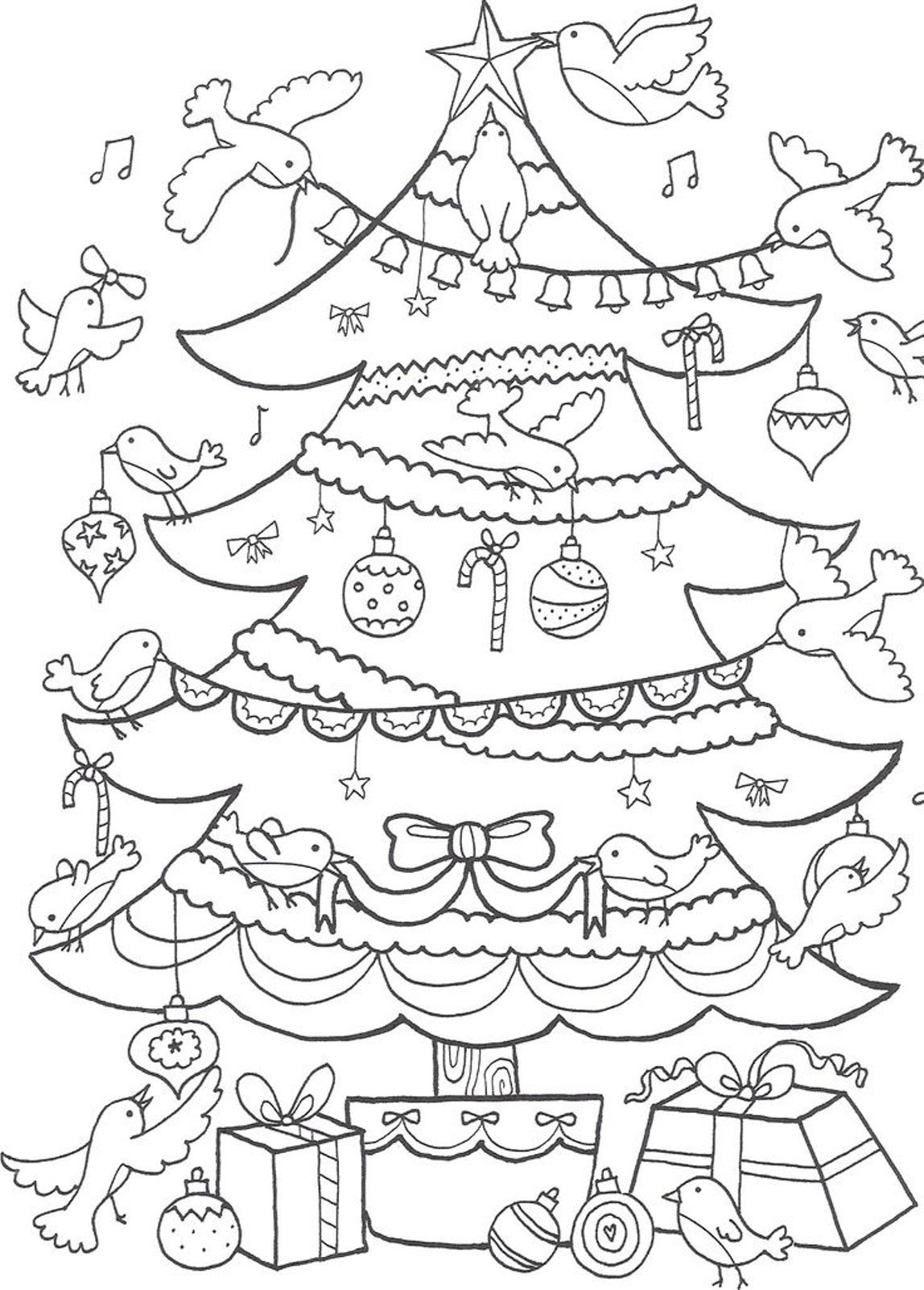 Birds Decorating Christmas Tree Coloring Page | Christmas Coloring ...
