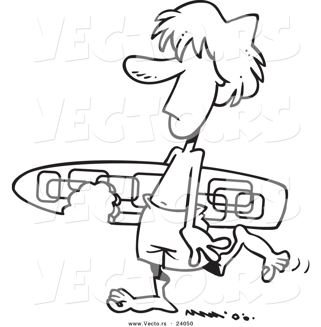 Vector of a Cartoon Surfer Dude Carrying a Shark Bitten Board - Coloring  Page Outline by toonaday - #24050