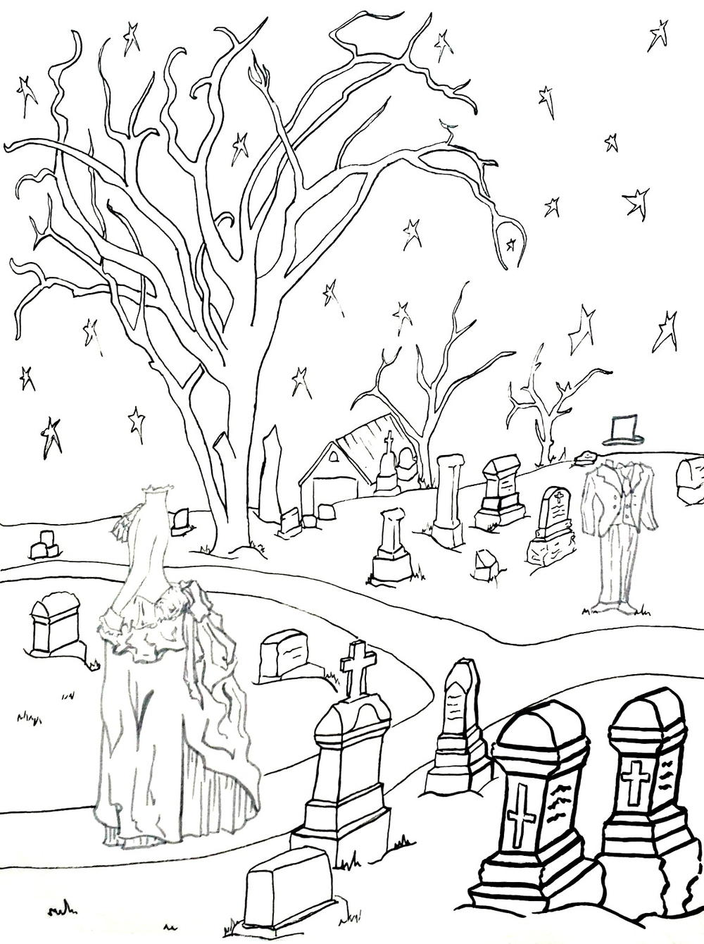 Ghostly Graveyard Coloring Page | FaveCrafts.com