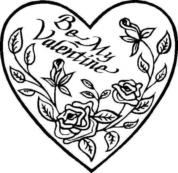 Be My Valentine Hearts and Roses Coloring Page | Color Luna