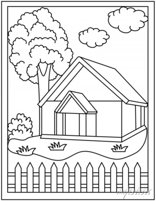Farmhouse coloring page in hand drawn vector design posters for the wall •  posters signs, family, concept | myloview.com