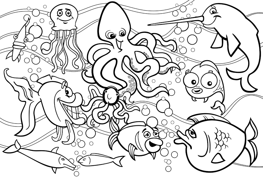 Underwater Sea Life | Ocean coloring pages, Black and white ...