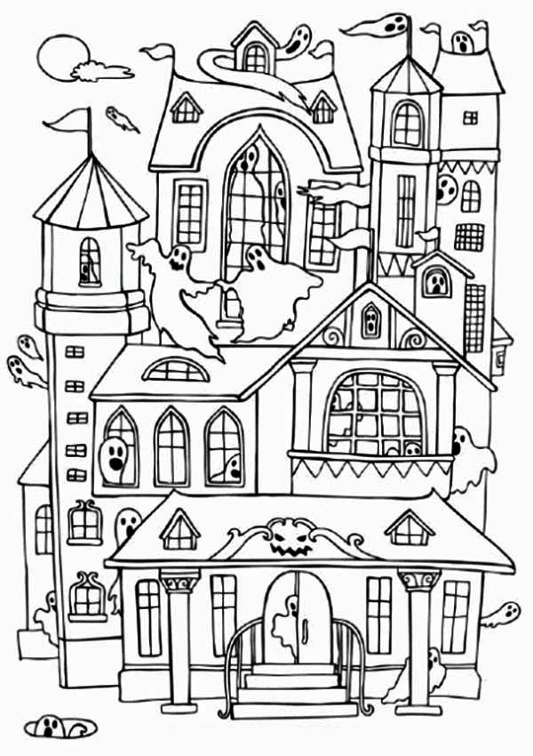 Haunted Houses with Many Ghost Coloring Page: Haunted Houses with ...