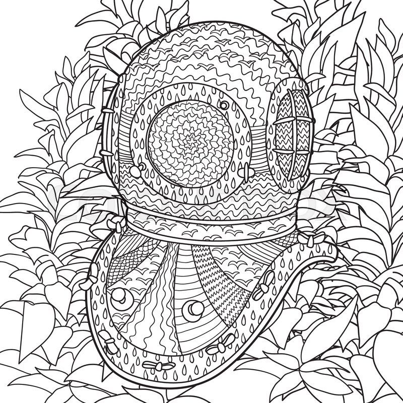 Hand drawn antique divers helmet and algae. Coloring pages for ...
