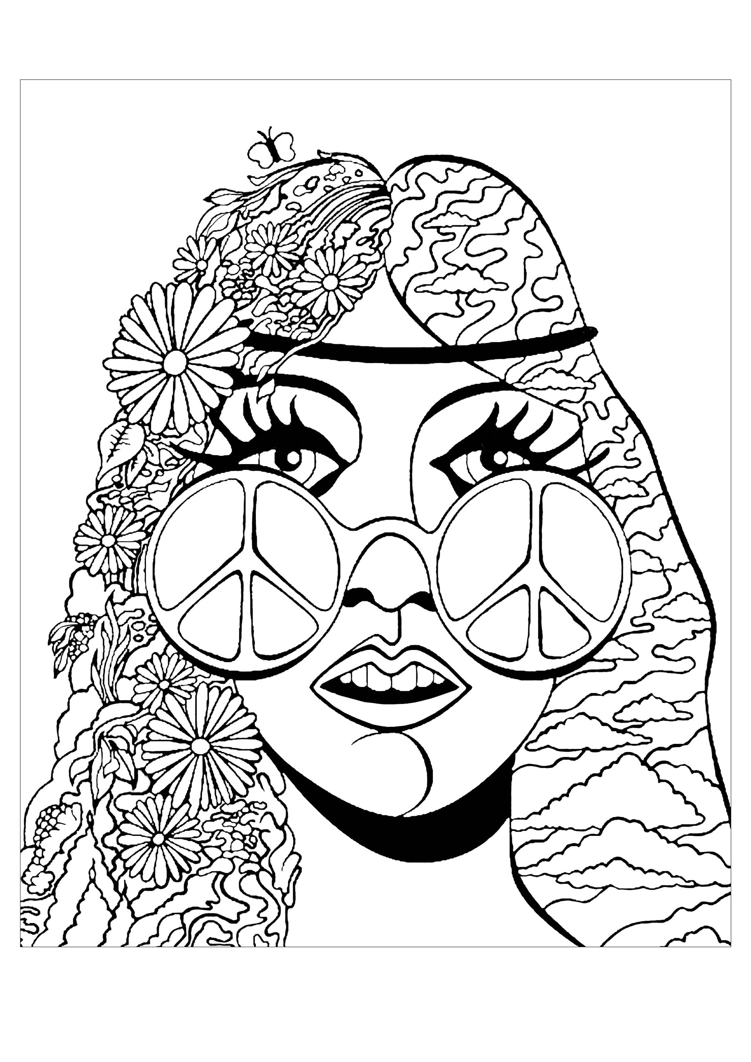 Psychedelic girl butterfly - Psychedelic Adult Coloring Pages