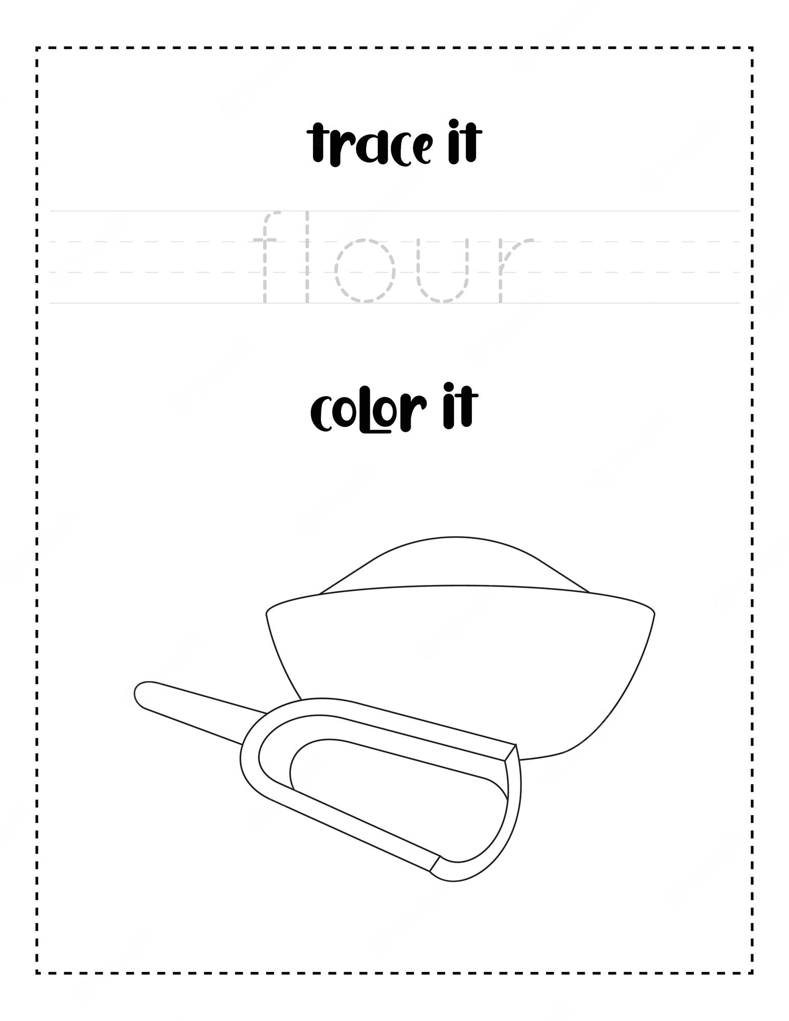 Premium Vector | Handwriting word tracing and color flour in a bowl  handwriting practice for kids