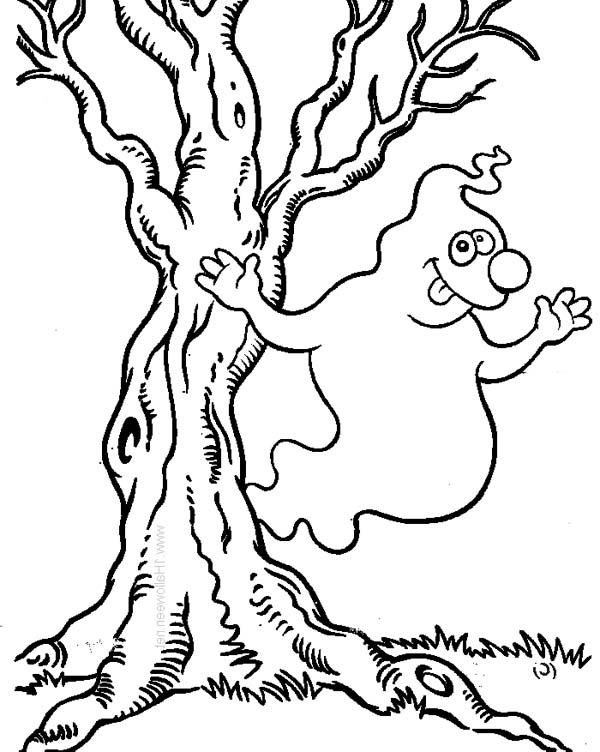 Hilarious White Ghost Beside the Tree on Halloween Day Coloring Page -  NetArt