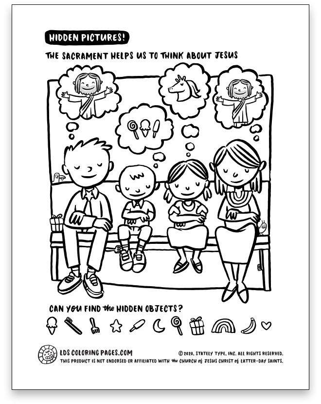 Sacrament Thinking About Jesus - Hidden Pictures – LDS Coloring Pages