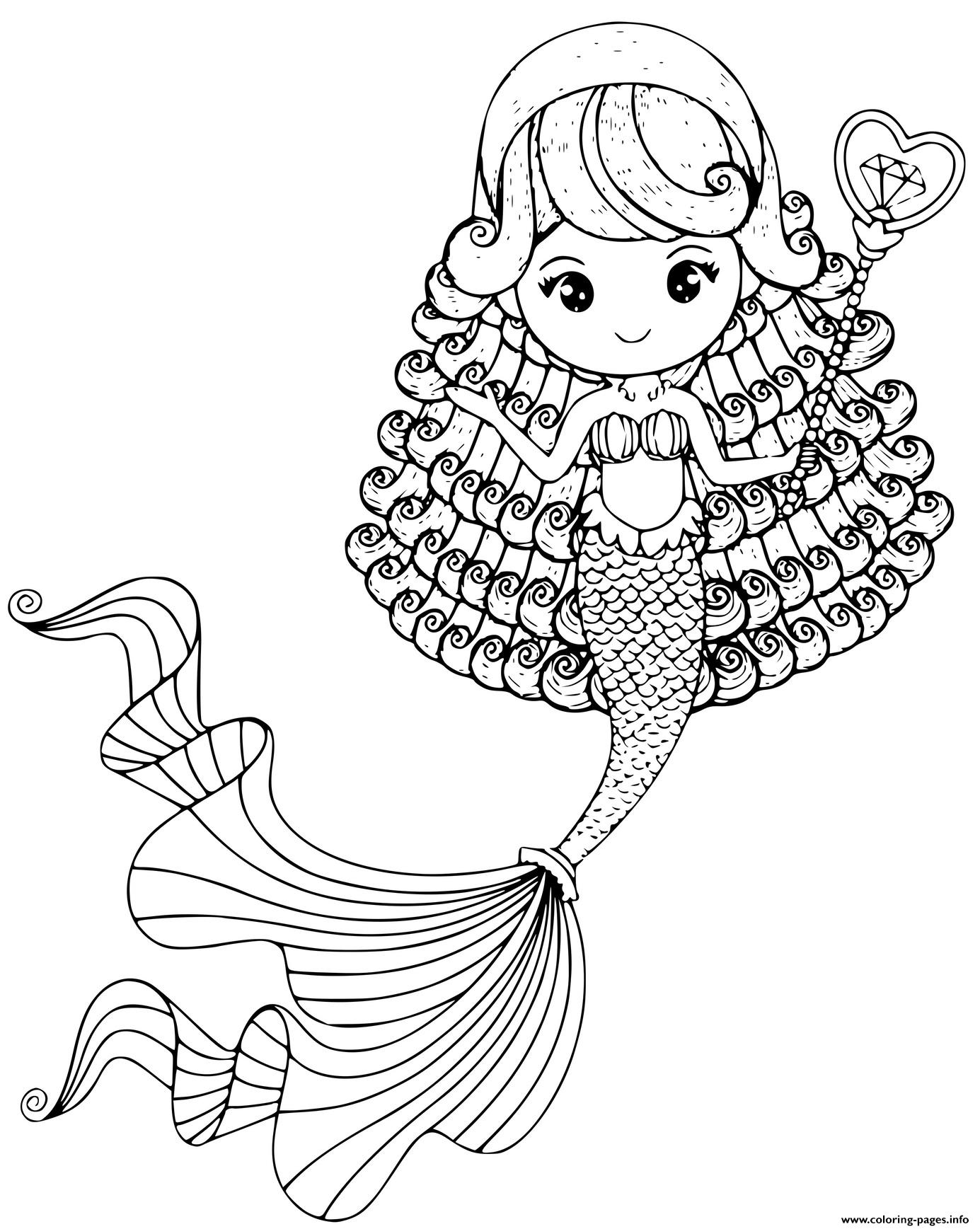 Cute Little Mermaid With A Long Tail Coloring Pages Printable ...