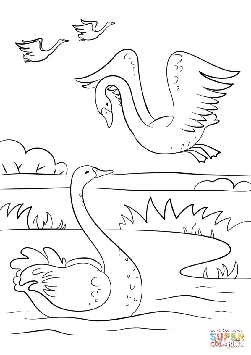 Autumn Scene with Swans coloring page | Free Printable Coloring Pages