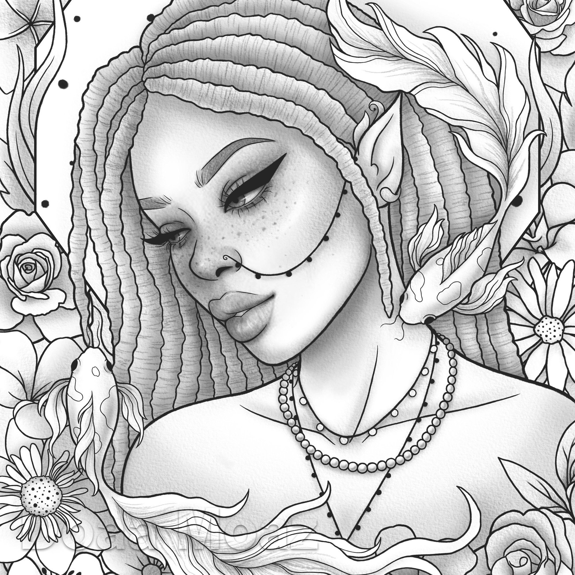 Printable Coloring Page Black Girl Dreadlocks Floral | Etsy