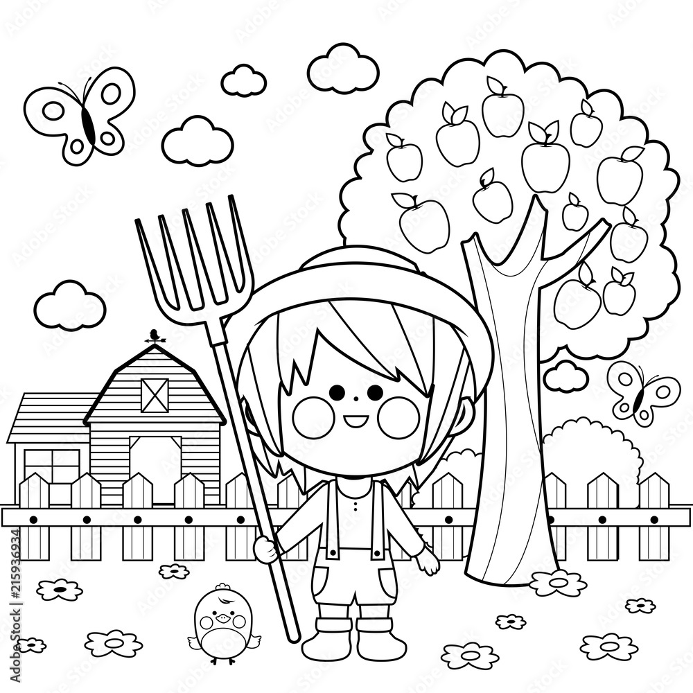 Little farmer boy at the farm. Vector black and white coloring page Stock  Vector | Adobe Stock