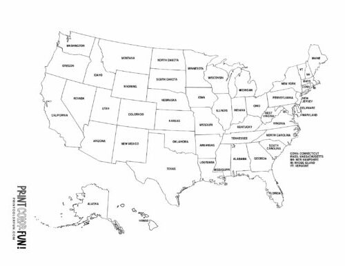 US maps to print and color - includes state names, at PrintColorFun.com