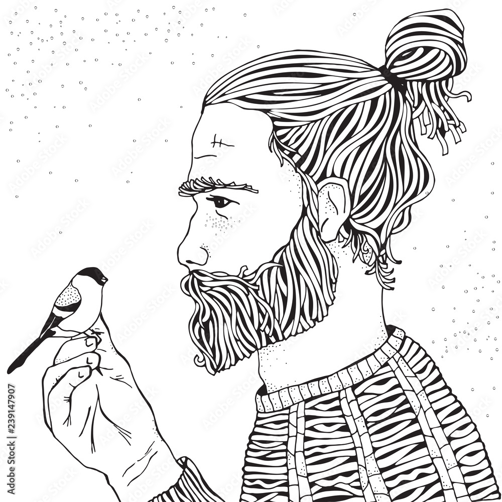 Bearded man and bird. Coloring book page for adult. Hand drawn hipster man  with long beard. Black and white. Line art. Stock Vector | Adobe Stock