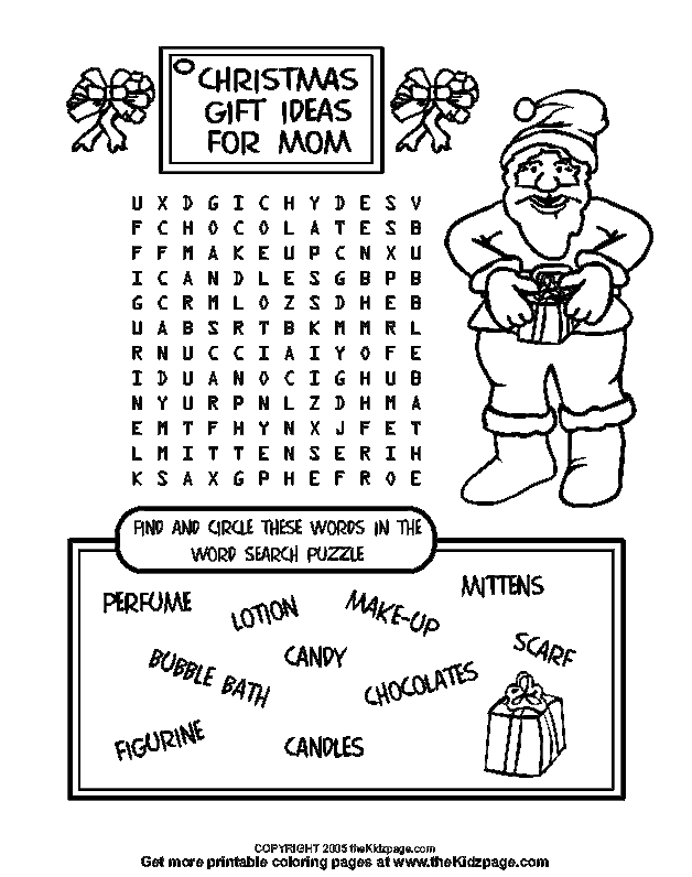 Christmas Gift Ideas Word Search Free Coloring Pages for Kids ...