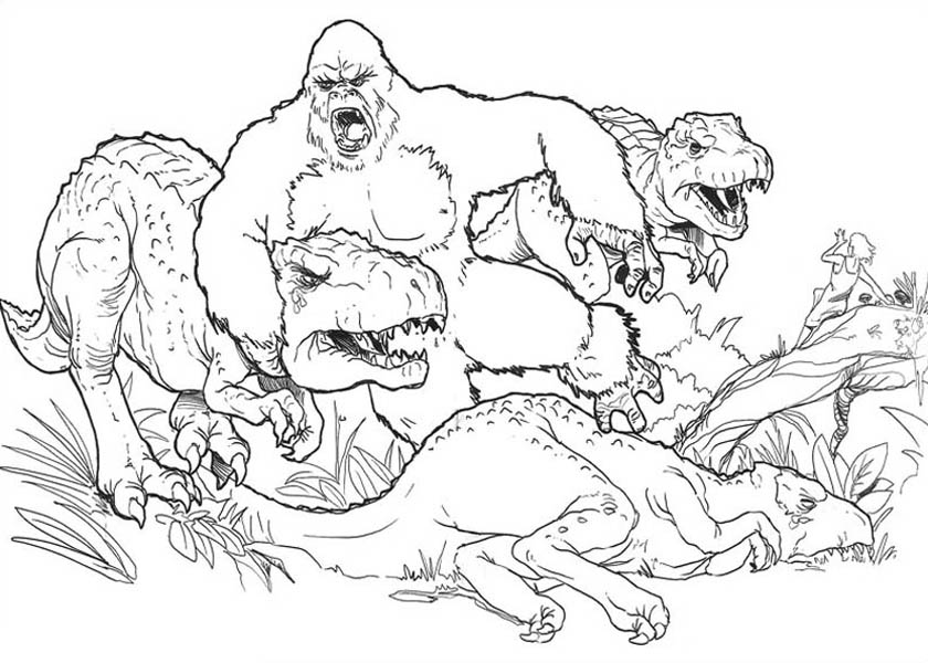 Super King Kong Versus Three Dinosaur Coloring Pages : Bulk Color