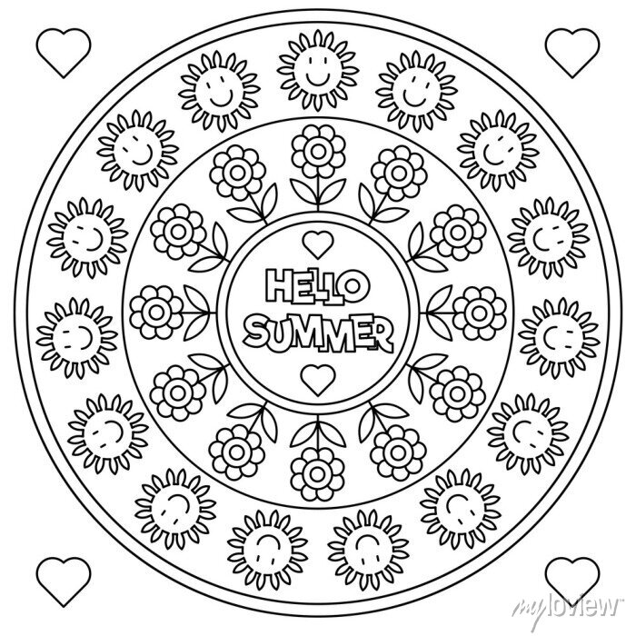 Hello summer. coloring page. black and white vector illustration. • wall  stickers summer, mandala, hallo | myloview.com