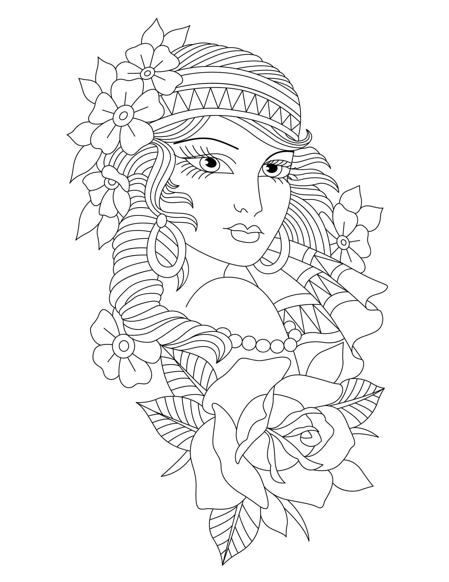Premium Vector | Gypsy girl tattoo coloring pages