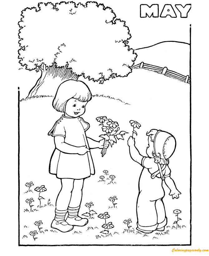 Two Sisters Pick Flowers in May Coloring Pages - Spring Coloring Pages - Coloring  Pages For Kids And Adults