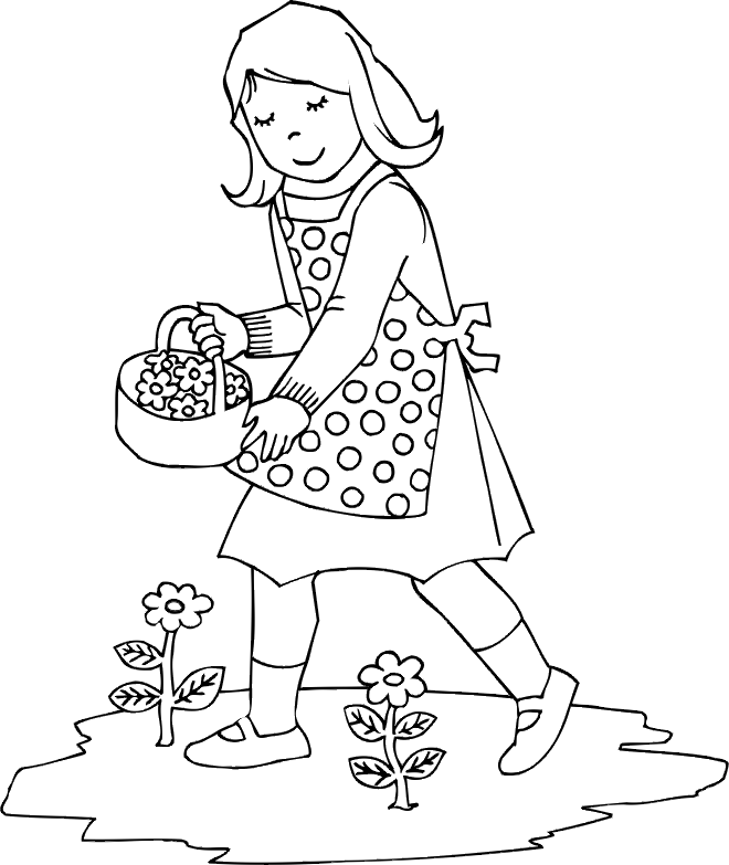 Kids Page: Spring Flower Girl Picking Flowers Coloring Pages